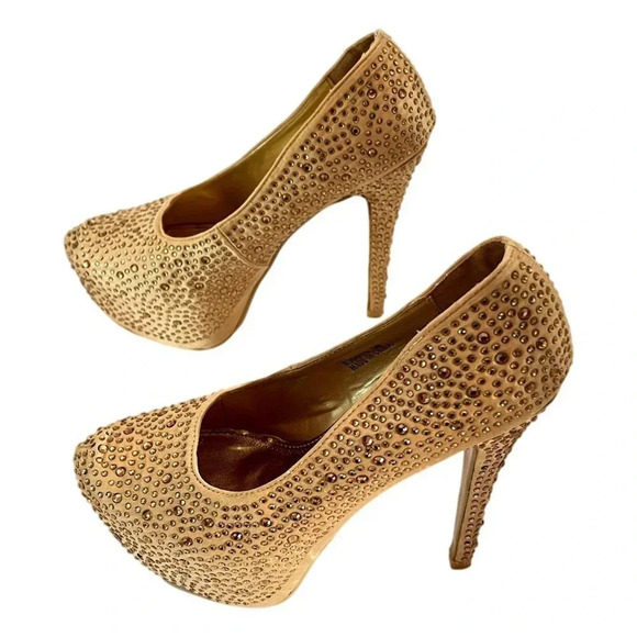 Sarah Chole Gold Stiletto Heels Glitter Shoes Sz  8 M 5 inch Platform - Picture 2 of 11